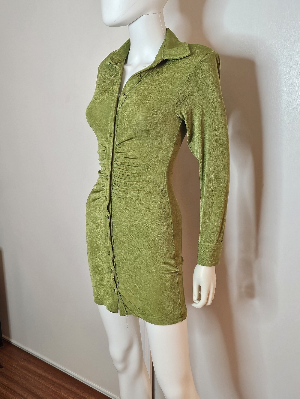 Fashion Nova Olive Green Button-Front Ruched Long Sleeve Shirt Dress Size XS - Picture 12 of 12